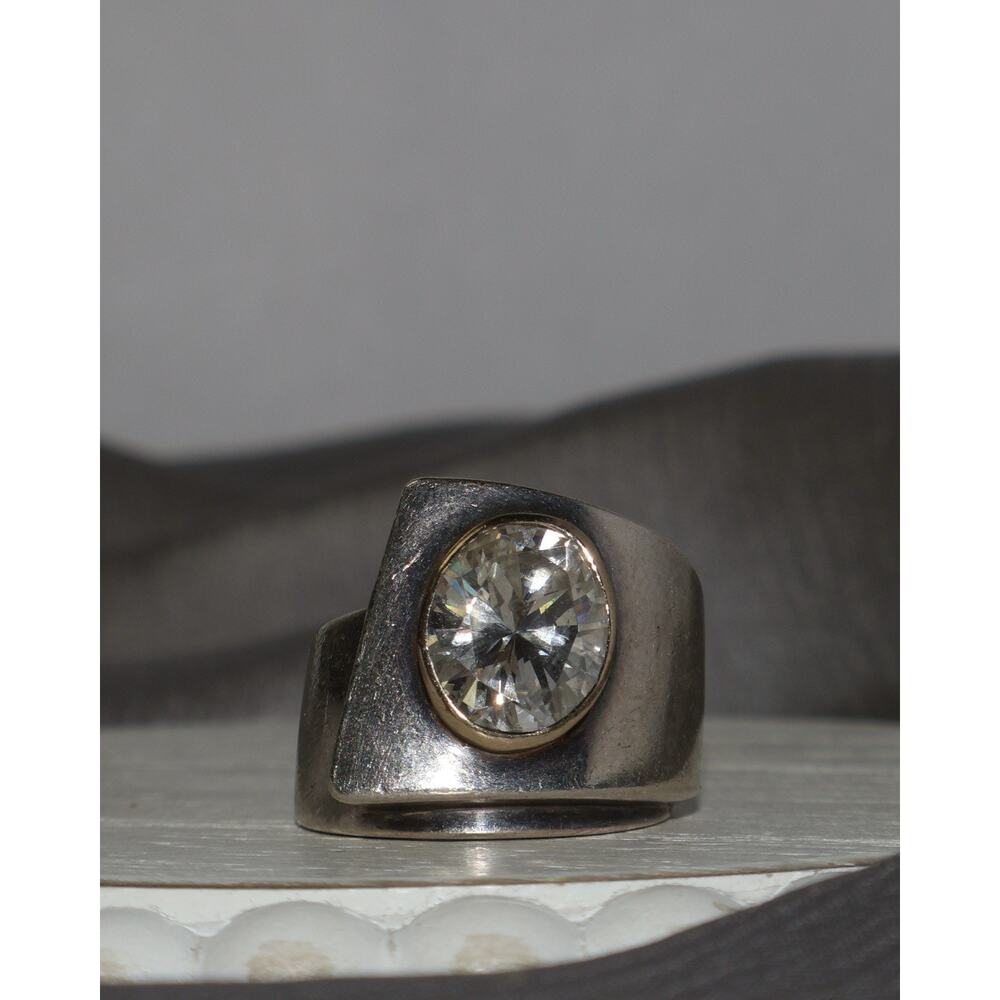 Wide Band Cubic Zirconia Sterling Silver & 14k Ring 11.1G / Sz 6.5